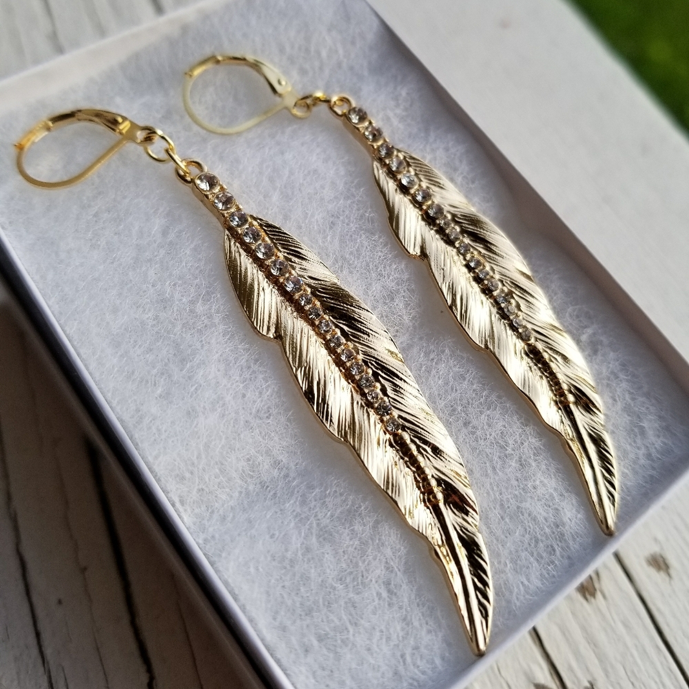 Diamond Gold Feather Earrings